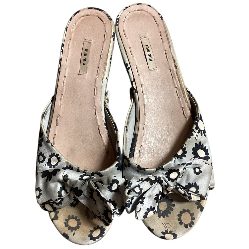 Y2K Miu Miu Bow Grey Floral Studded Wood Platform Sandals Shoes 36 - Picture 4 of 5